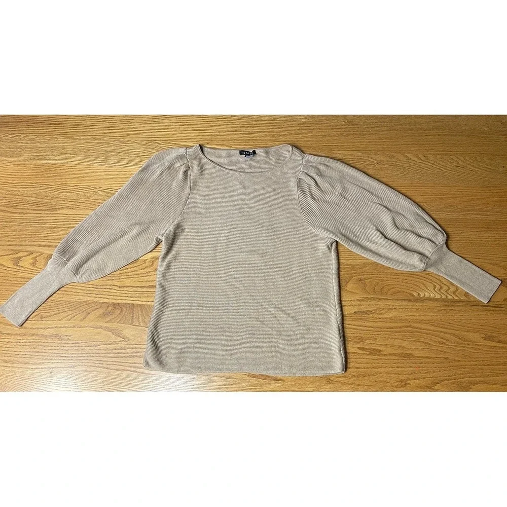 1. State Women's Balloon Sleeve Crew Neck Rib Sweater Small Beige Career Casual